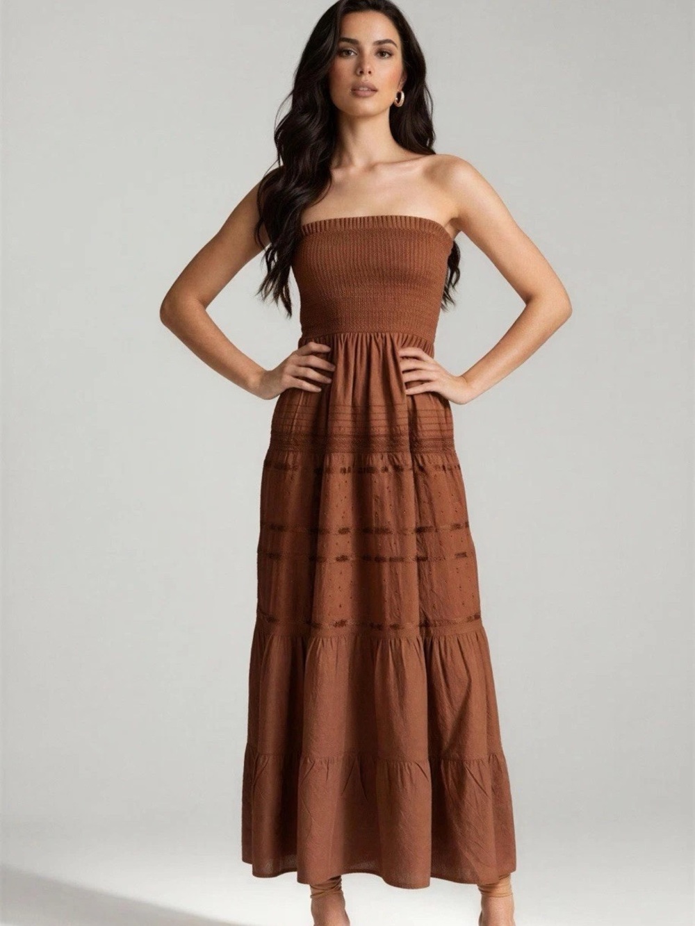 Strapless Smocked Maxi Dress in Chestnut Brown Size Medium NWT